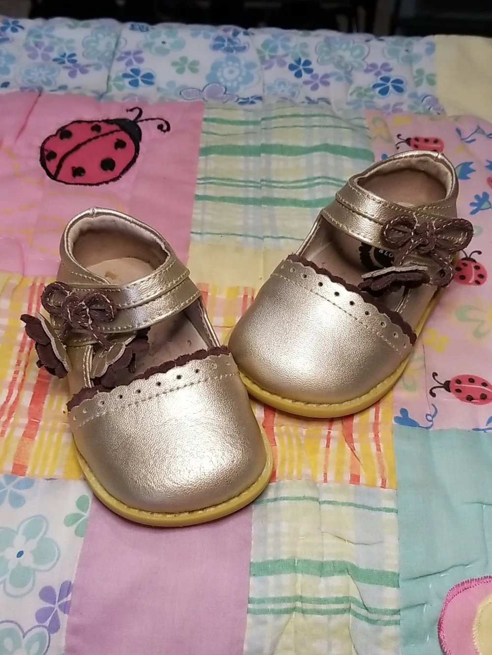 Livie & Luca Metallic Gold Mary Janes with Brown Flower Accents Size 4 Merry Bel